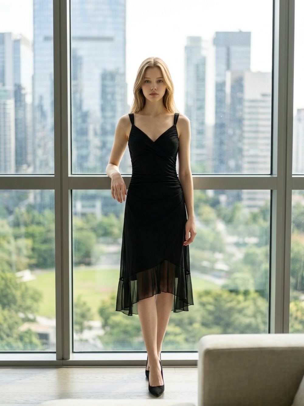 Scarlett Black High-Low V-Neck Chiffon Dress